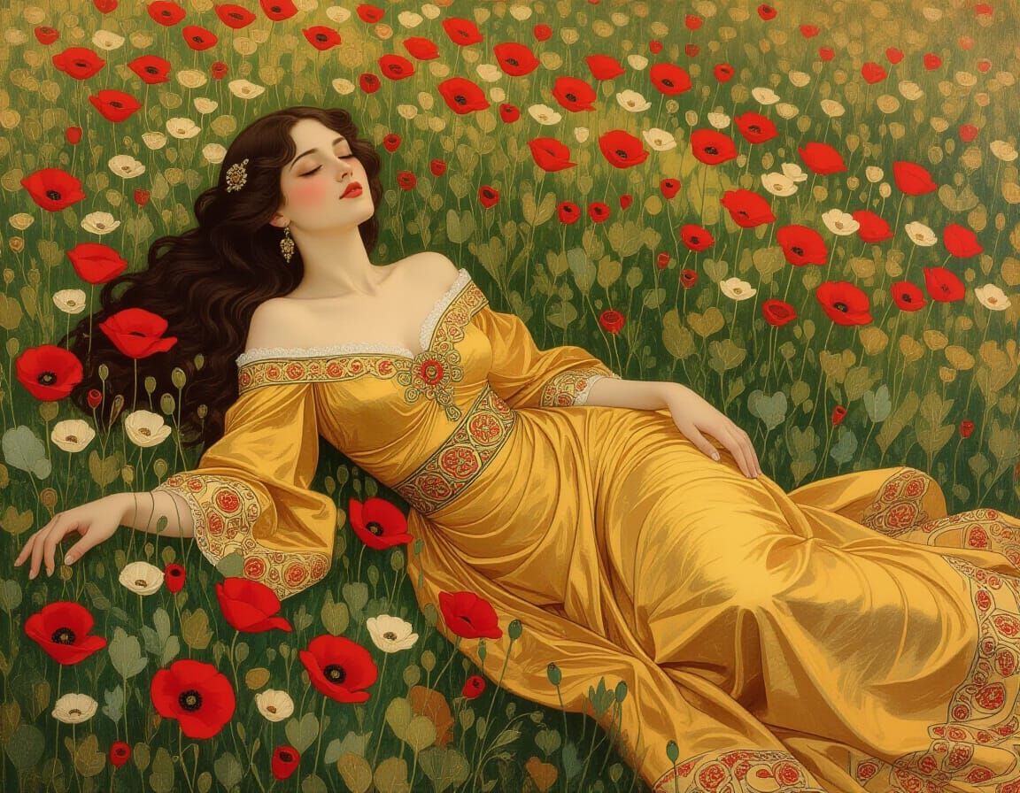 Woman in Golden Gown in Meadow, Klimt-inspired Art