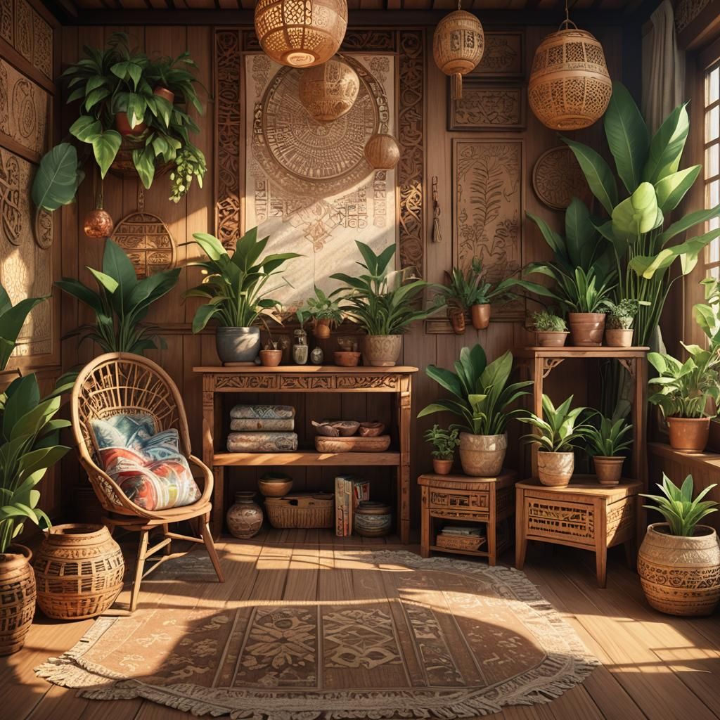 Serene Bohemian Room in 3D Anime Style