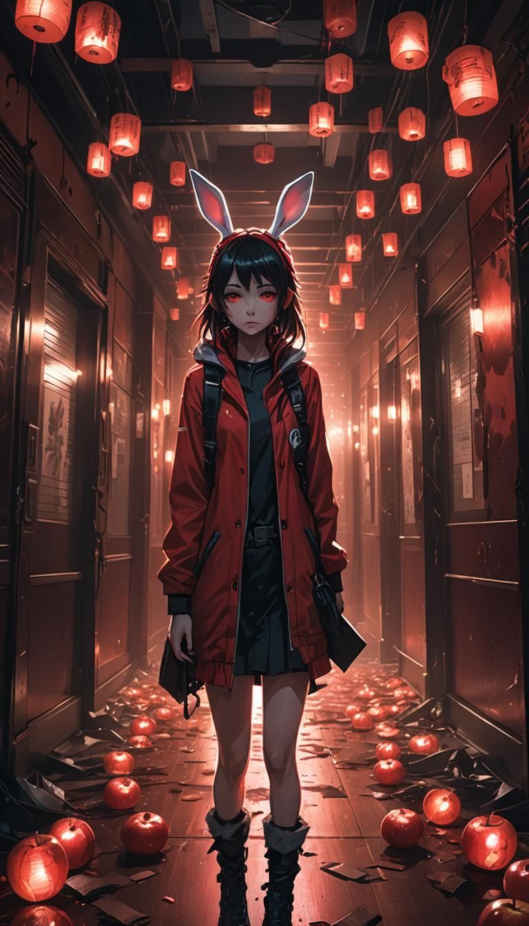 Eerie Anime Girl with Rabbit Ears in Dystopian Hotel