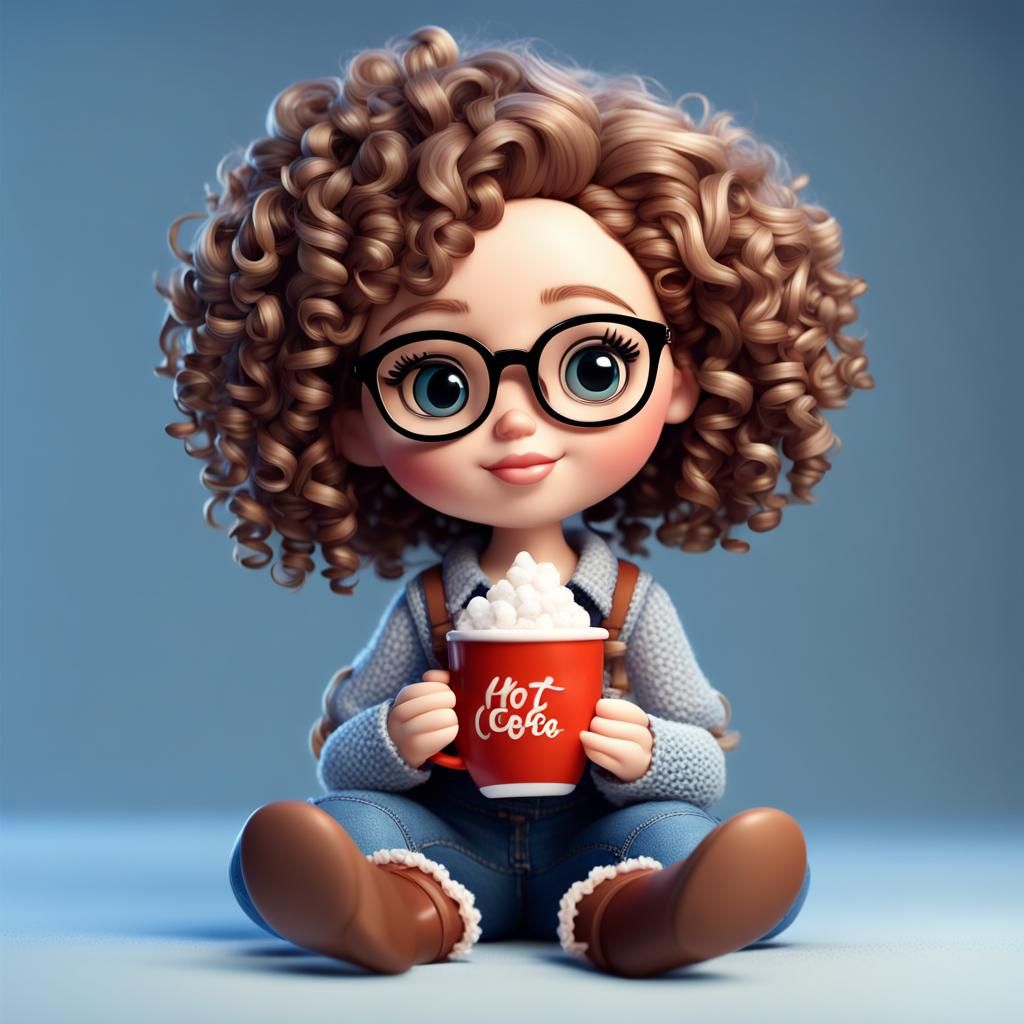 Cute Pixar Style Doll Girl with Hot Cocoa