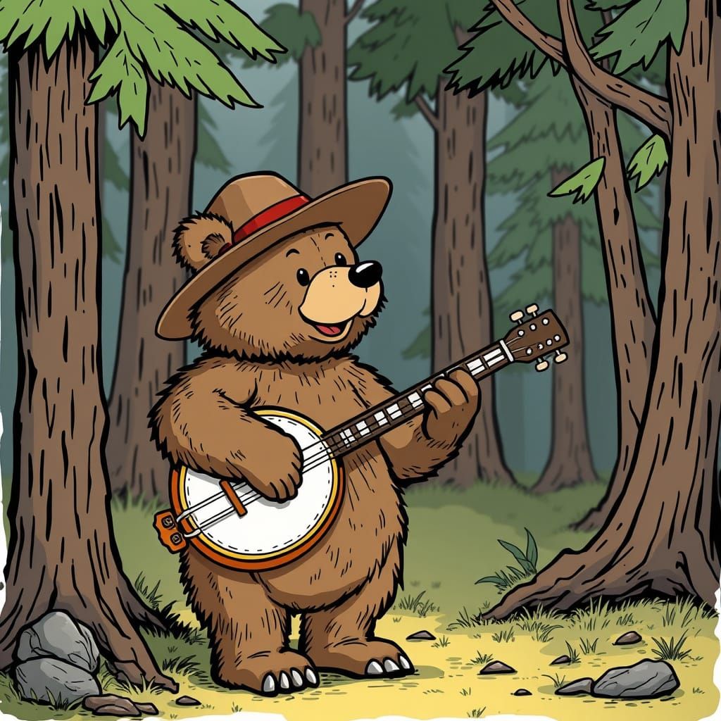 Bear Playing Banjo in Comic Book Style