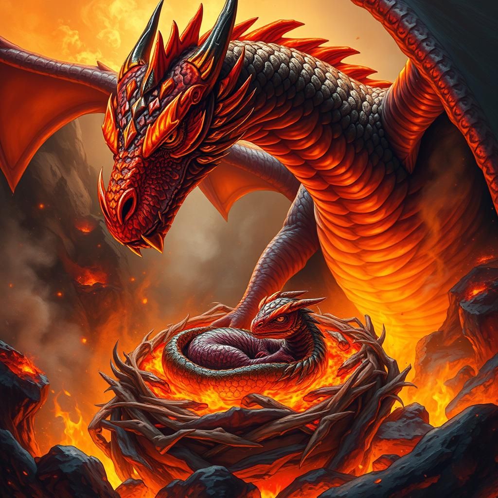 Mother Dragon and Hatchling in Volcanic Lair