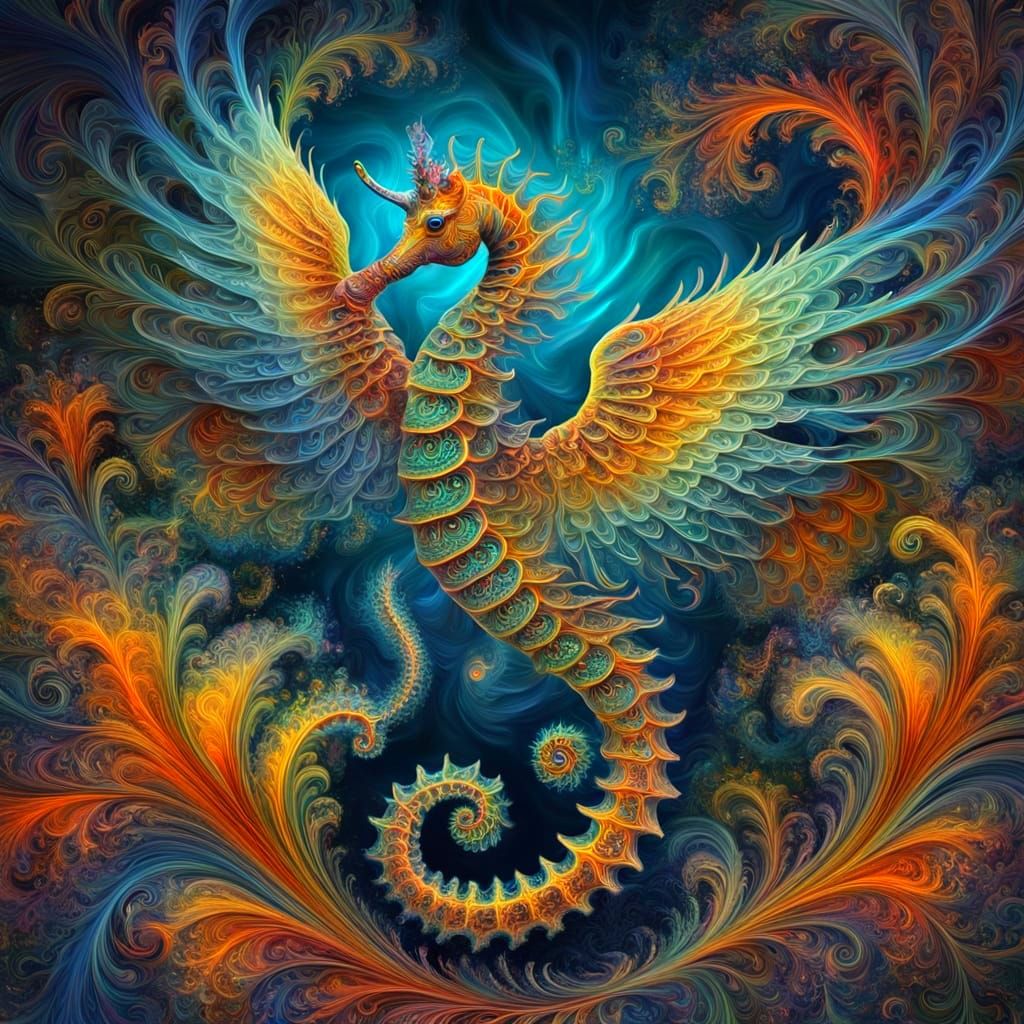 Whimsical Seahorse Soars Over Vibrant Fractal Landscape