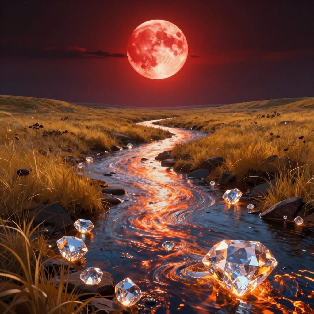 Molten Diamond River Under Blood Moon, Golden Grass Landscap...