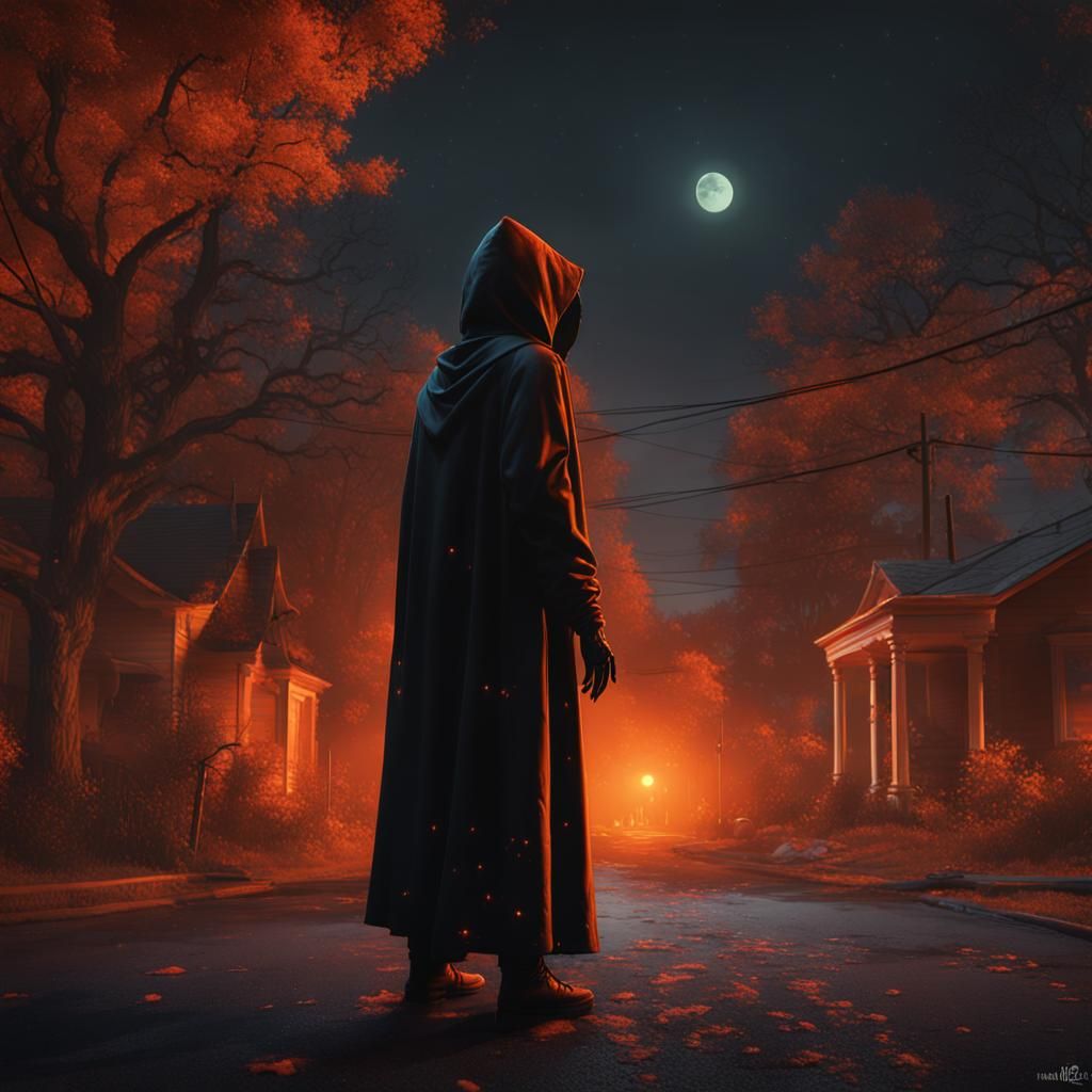 Eerie Hooded Figure in 1970s Suburb, Digital Painting