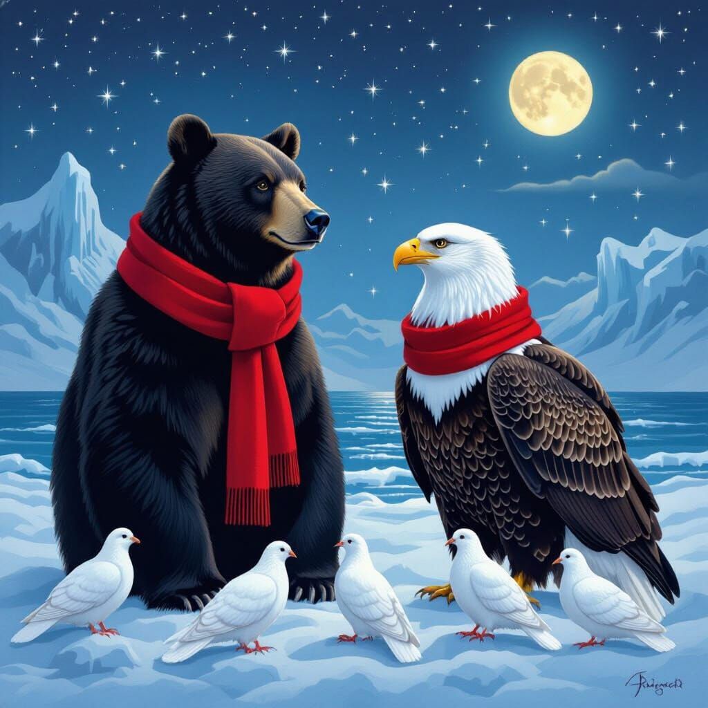 Bear and Eagle Peace Summit Under Starry Sky