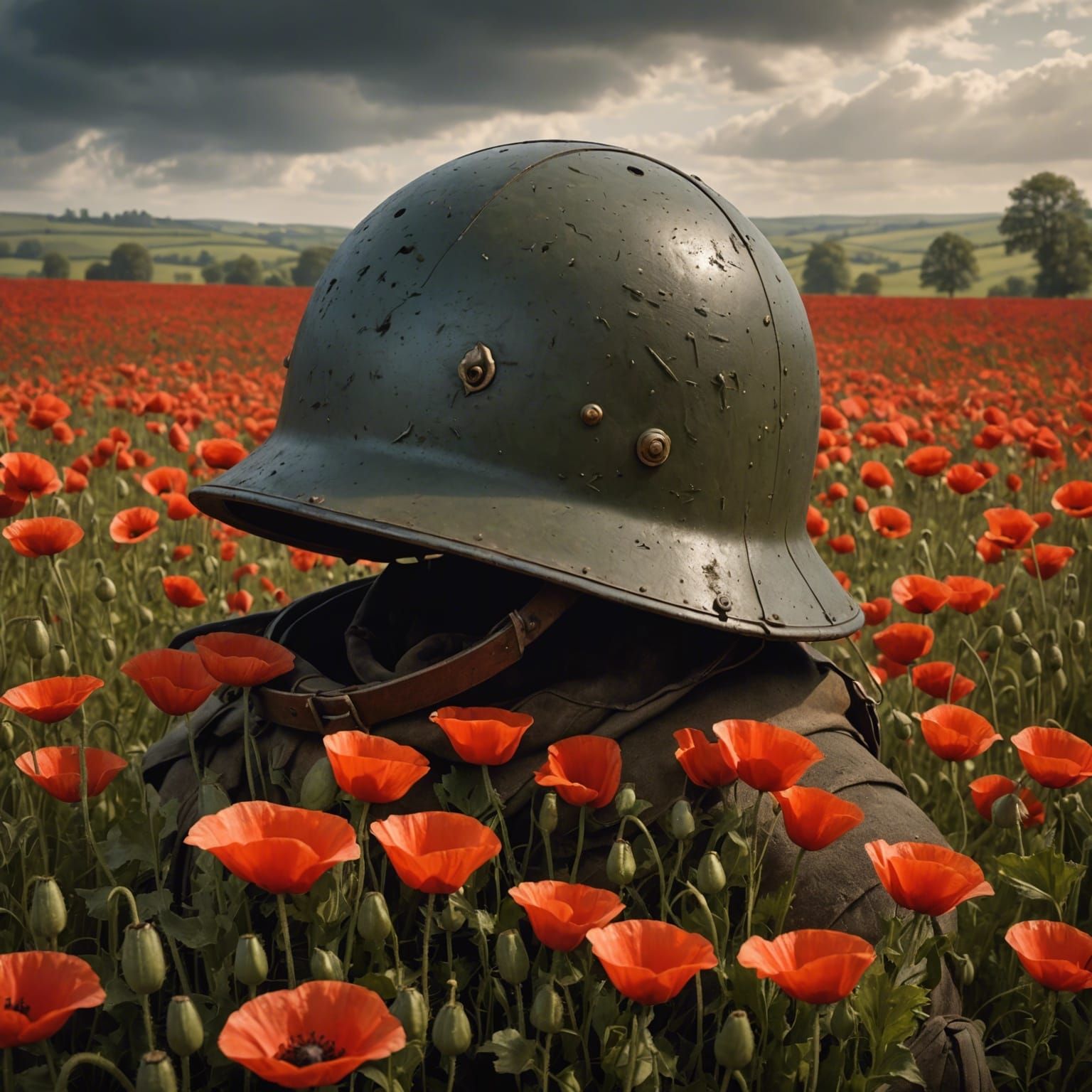 WWII Helmet in Poppy Field: Digital Matte Painting