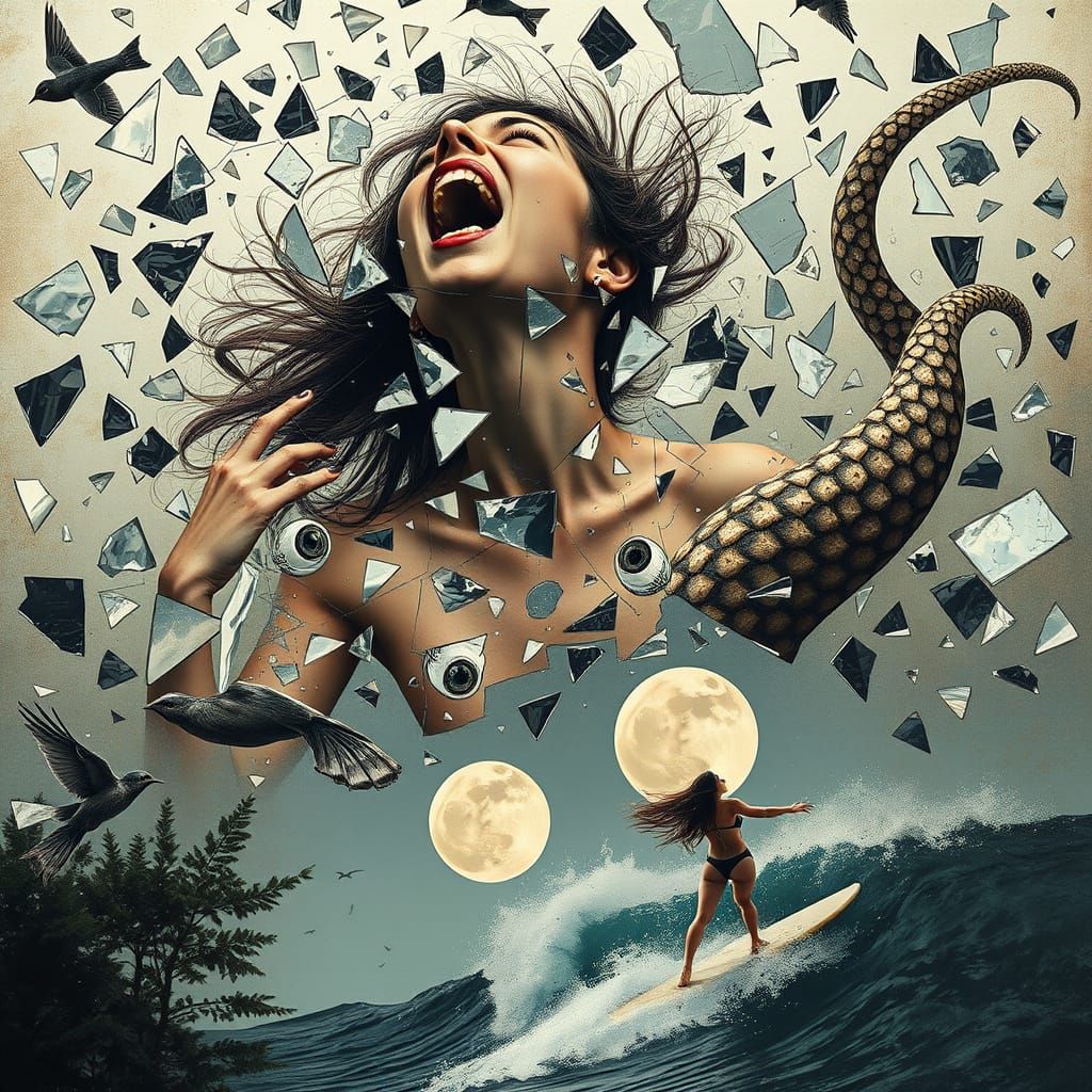 Surreal Mirror Shattered by a Contorted Angel's Primal Screa...