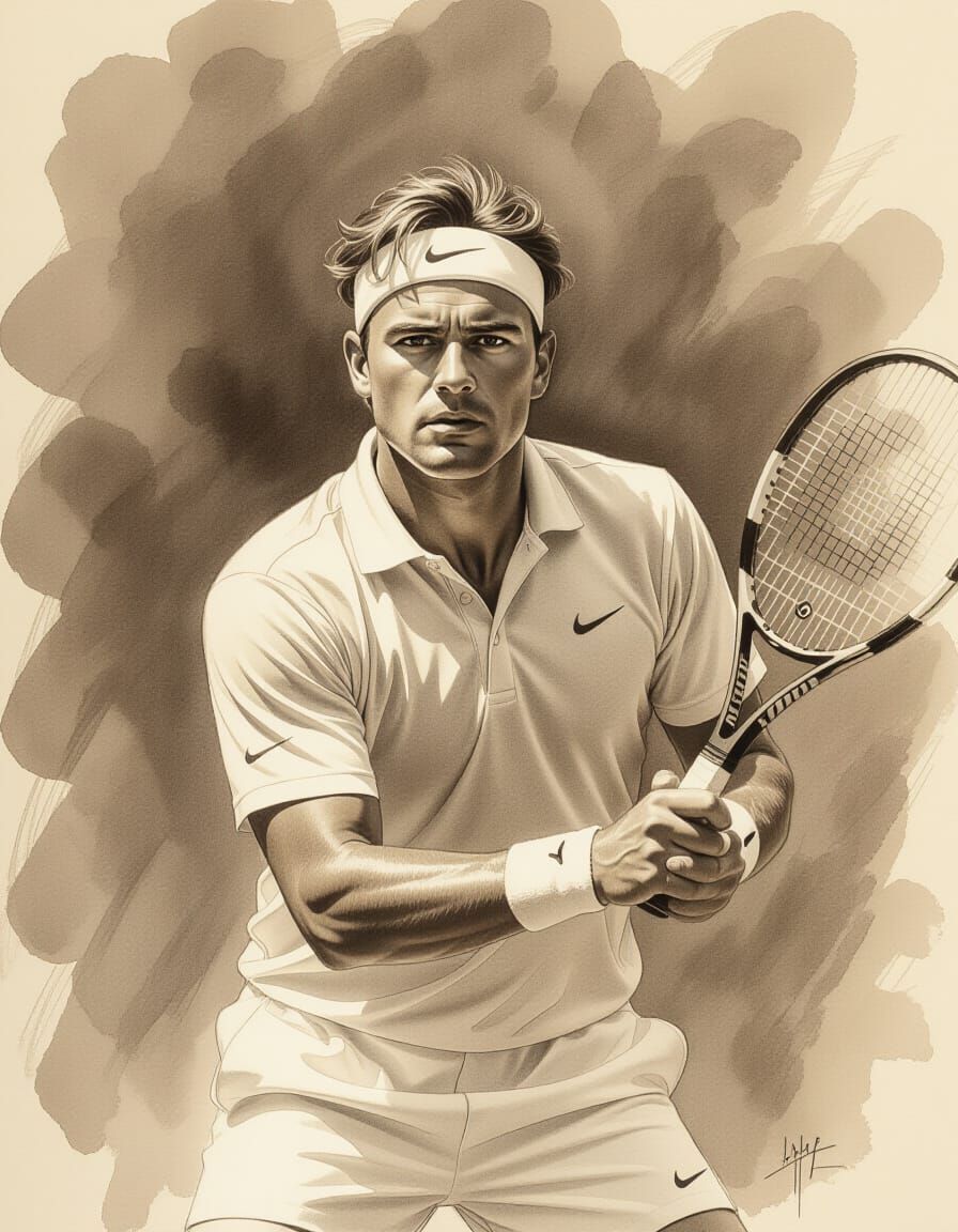 Sepia Sketch of Tennis Player in Graphite