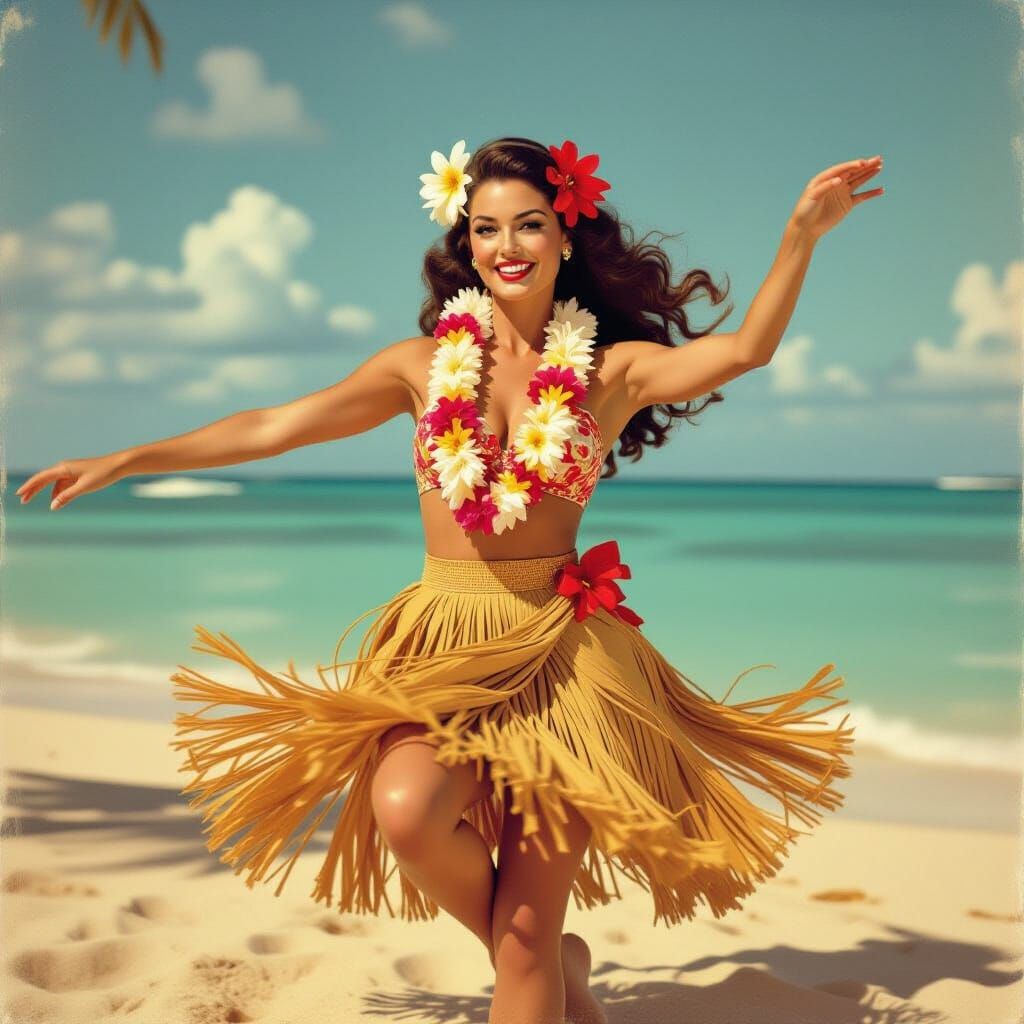 1940s Pin-Up Girl Dancing Hula in Vintage Style