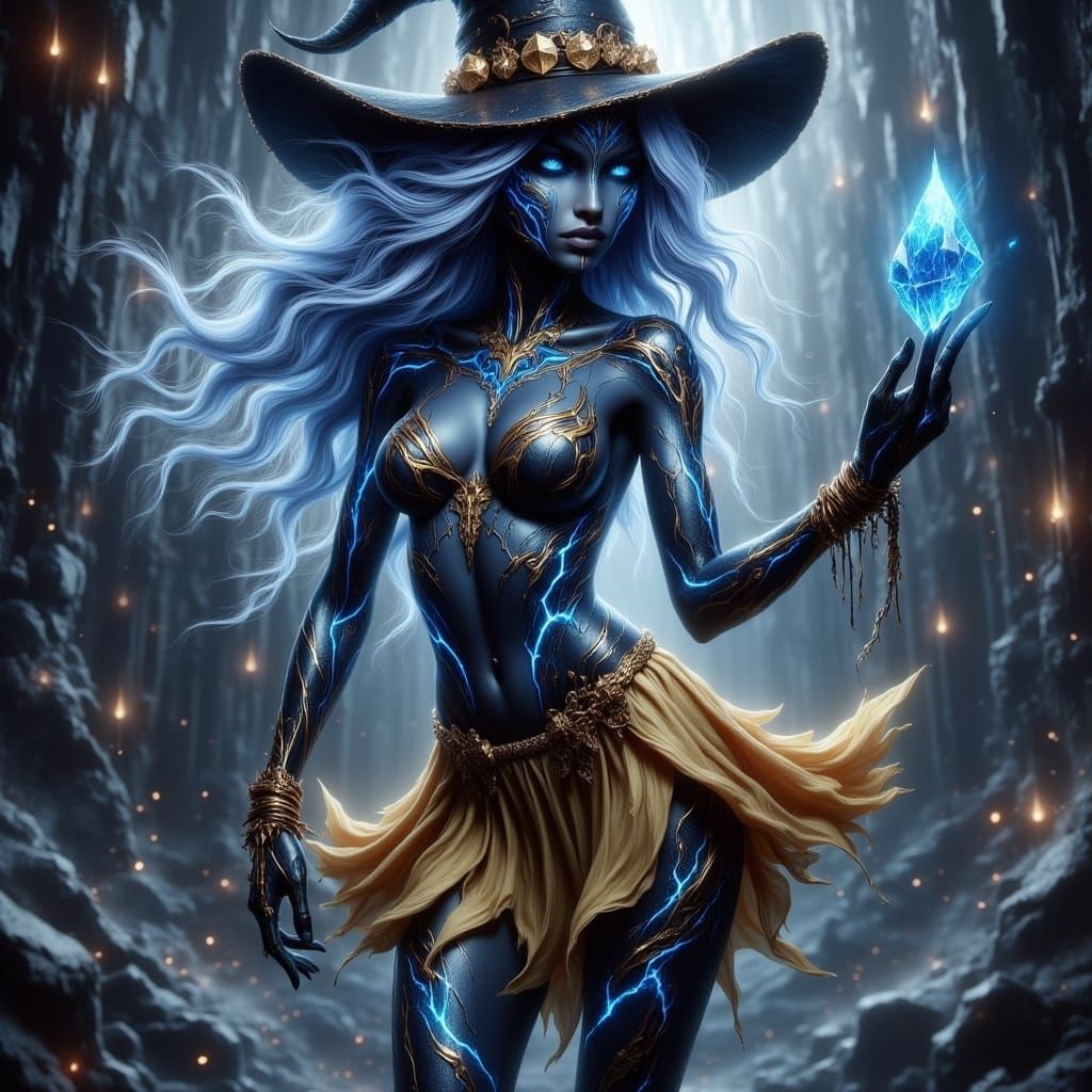 Dynamic Dark Witch with Golden Runes in Digital Art
