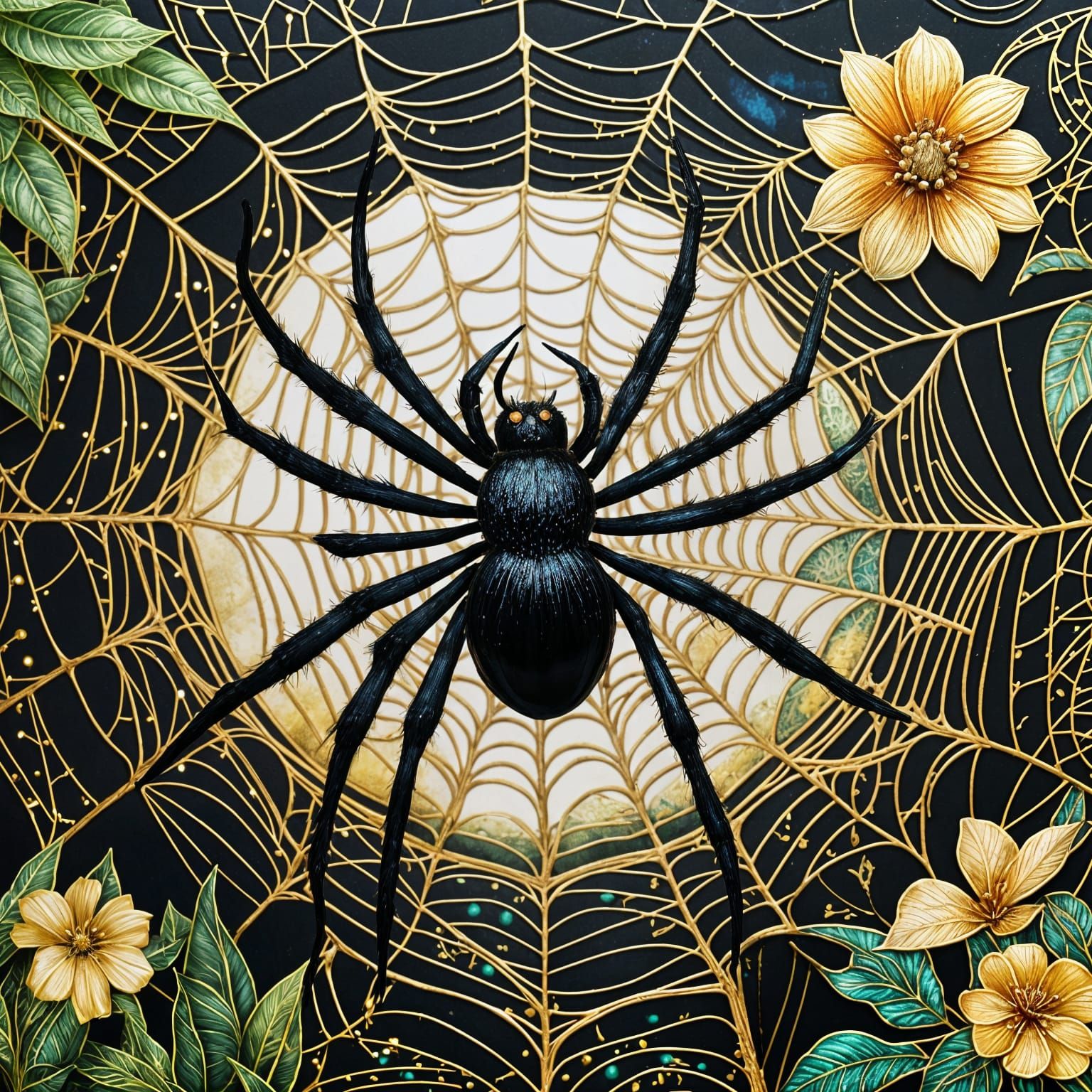 Black Spider in Summer Garden, Alcohol Ink Style