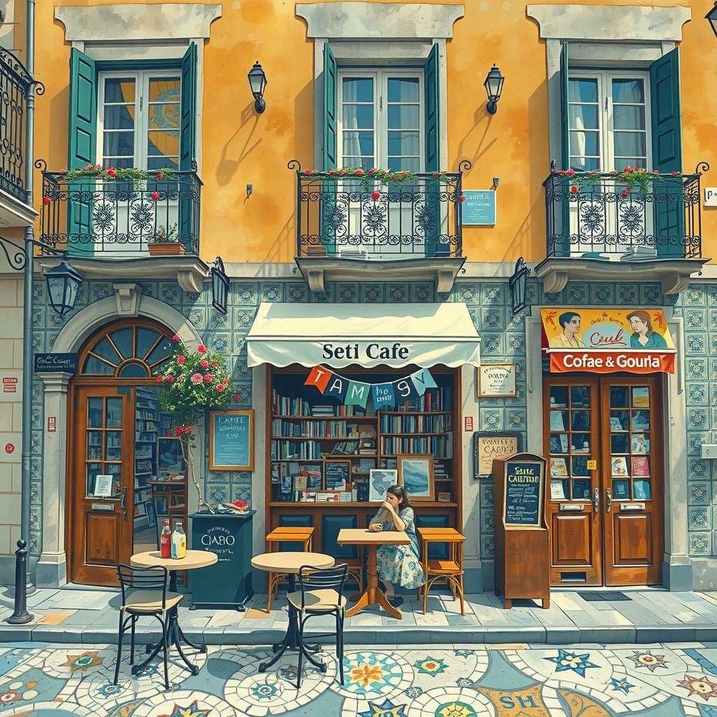 Charming Portuguese Street Scene in Vibrant Gouache Style