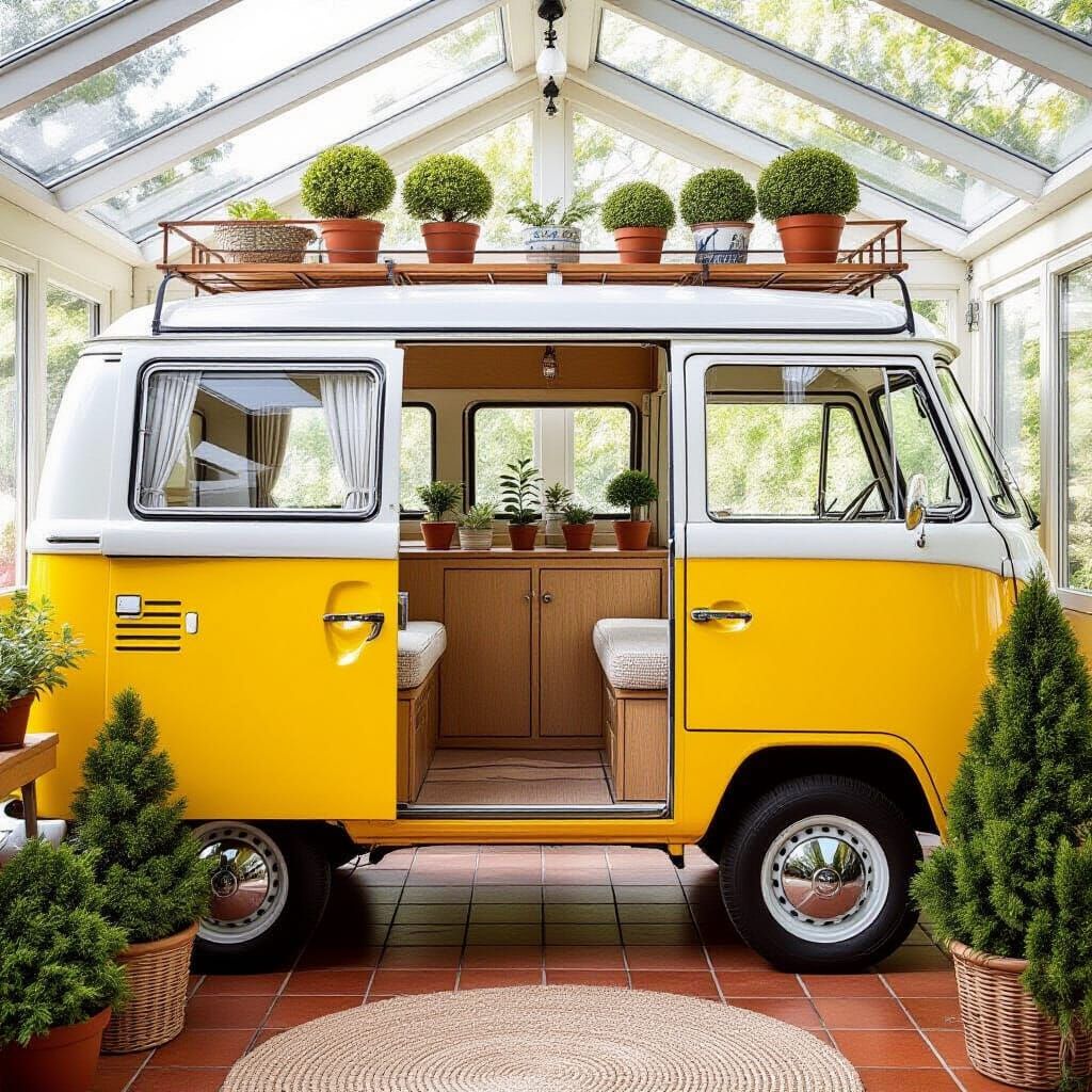 Vintage VW Camper Van Conservatory with Bonsai