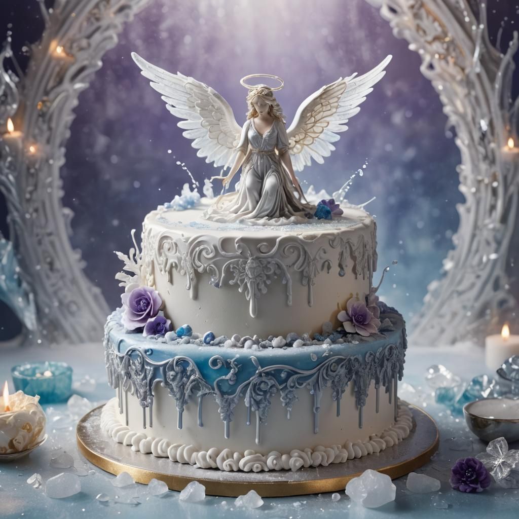 Hyperrealistic Angel Cake with Silver Filigree Splash Art