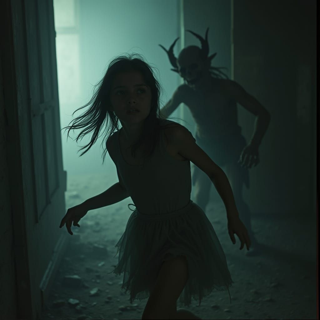 Terrified Girl Escaping Undead Devil: Cinematic Still