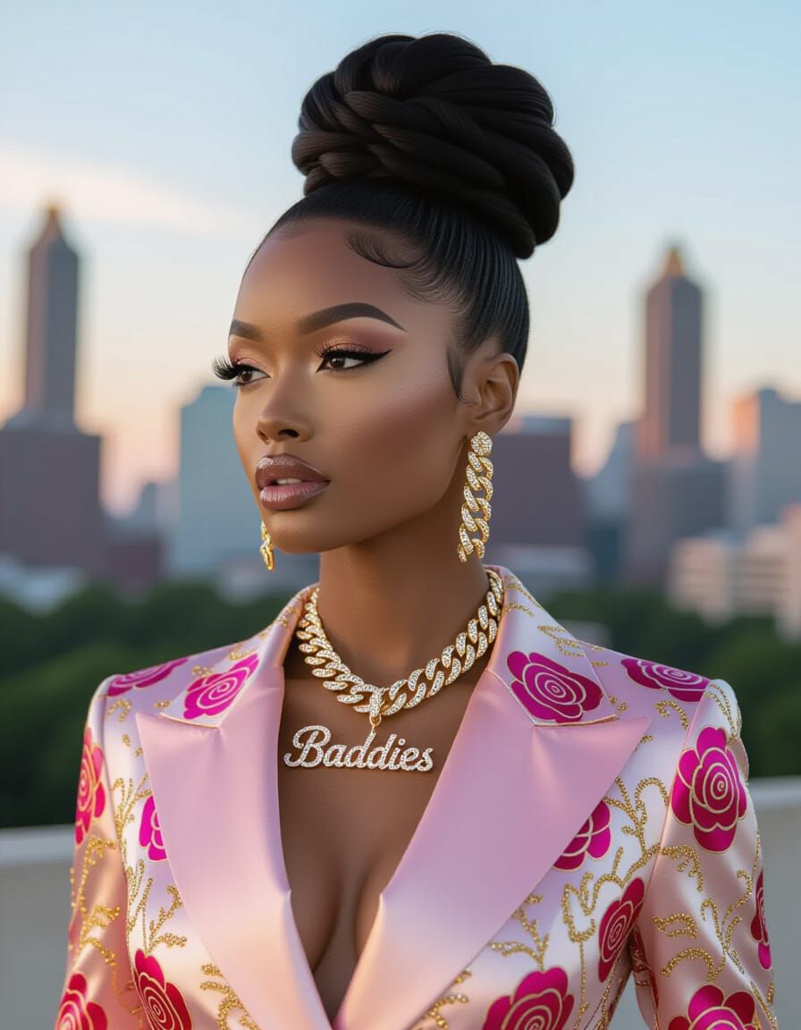 Glamorous Woman with Baddies Pendant in Futuristic Style