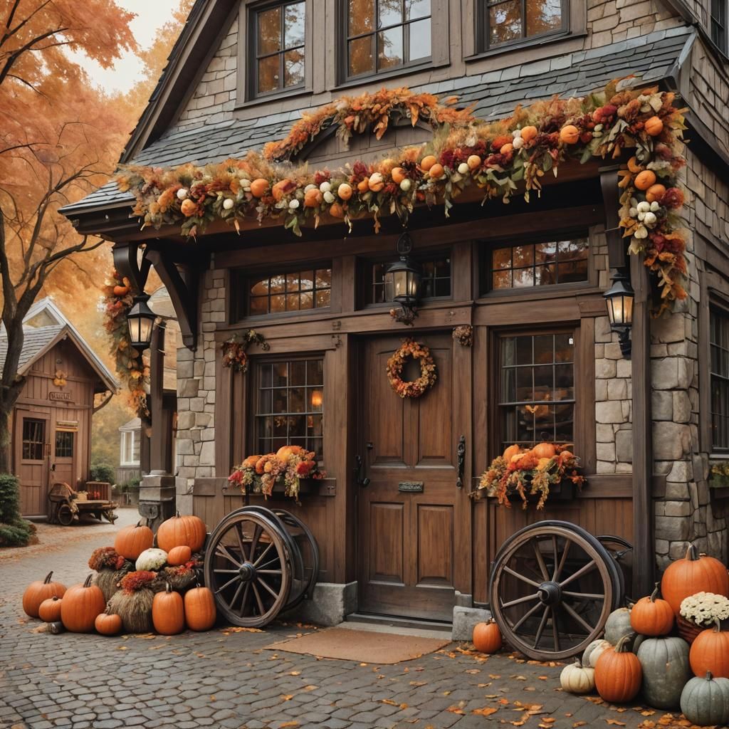 Autumn Carriage House Cafe: Photorealistic Fantasy Scene