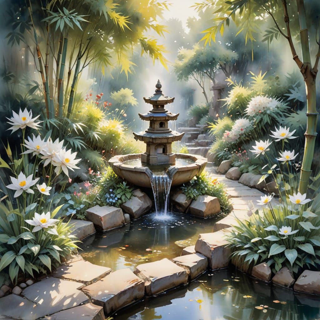 Bamboo Fountain in Japanese Water Garden