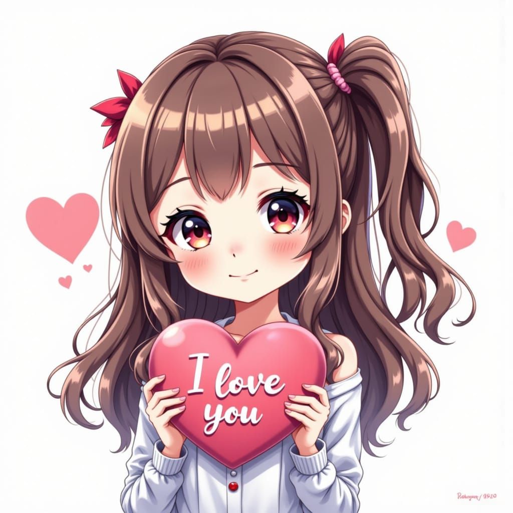 Chibi Girl Holding 'I Love You' Heart in Pastel Colors