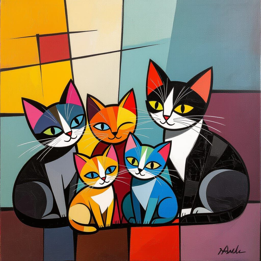 Abstract Kittens in Jamini Roy Style