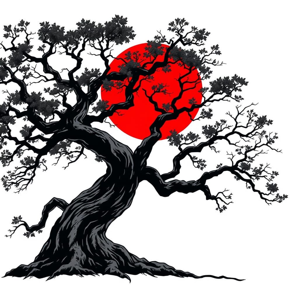 Ancient Dark Tree in Harmony with Vibrant Red Sun