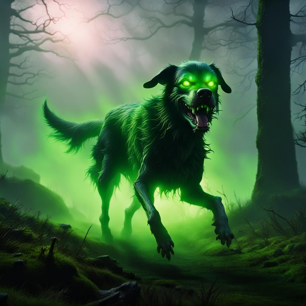 Glowing Green Hound in Foggy Bog