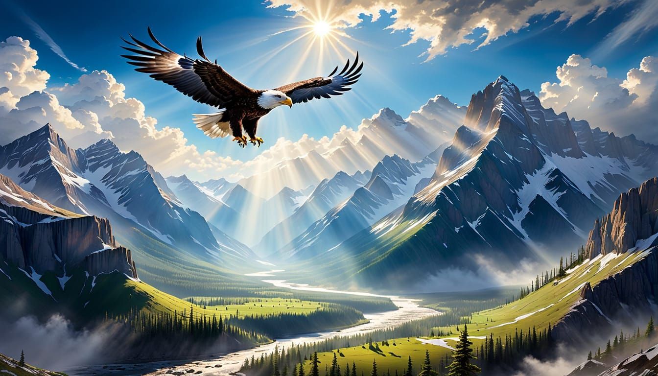 Eagle Soars Over Majestic Mountains in Radiant Sunlight