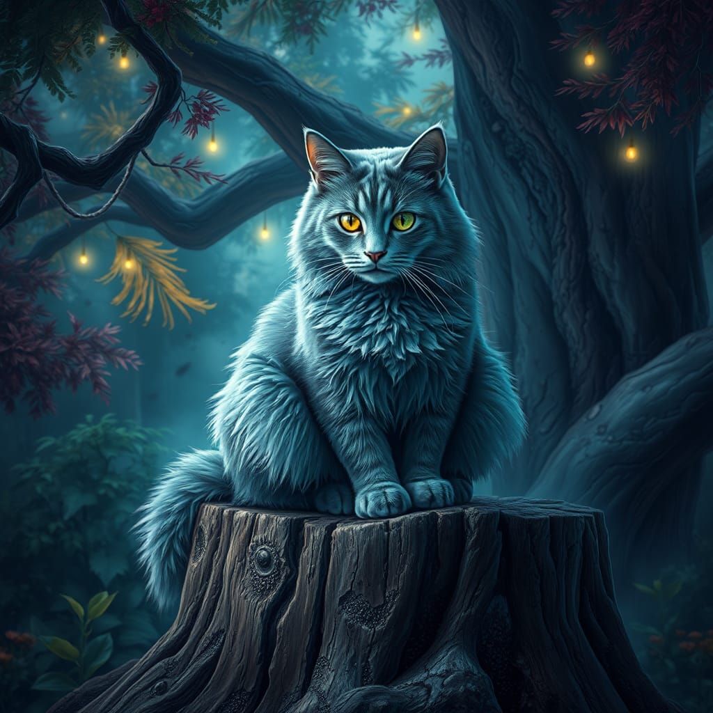 Siberian Blue Cat in Mystical Forest, Matte Painting