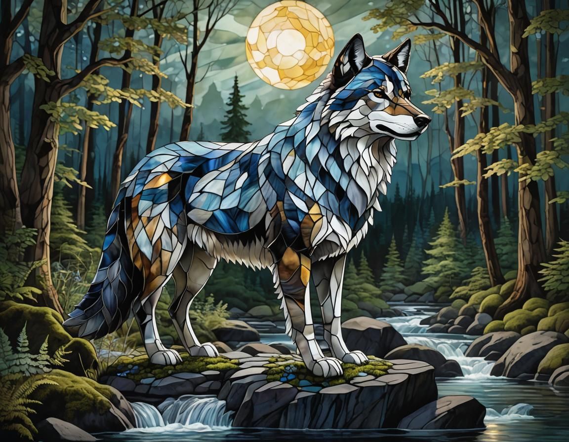 Stained Glass Wolf Howling in Enchanted Forest