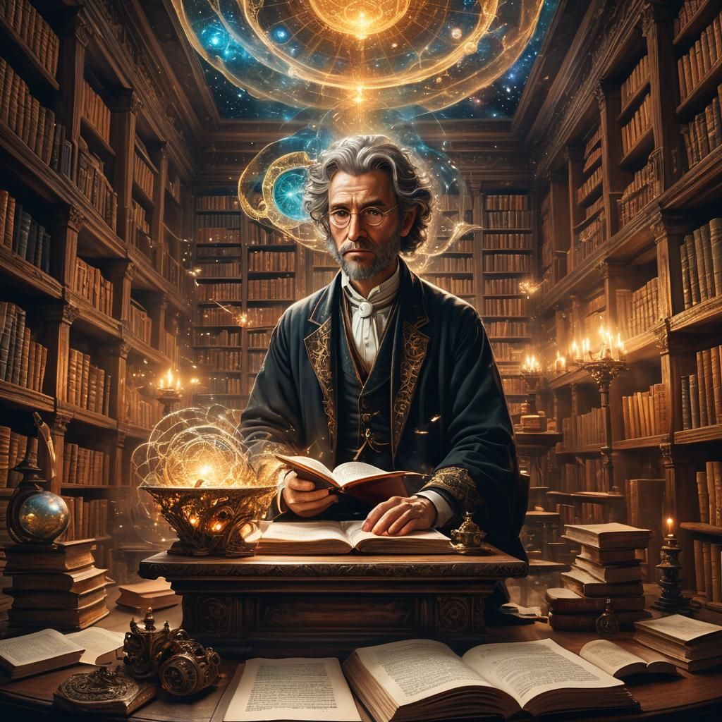 Mathematician Surrounded by Fractals in Mystical Library