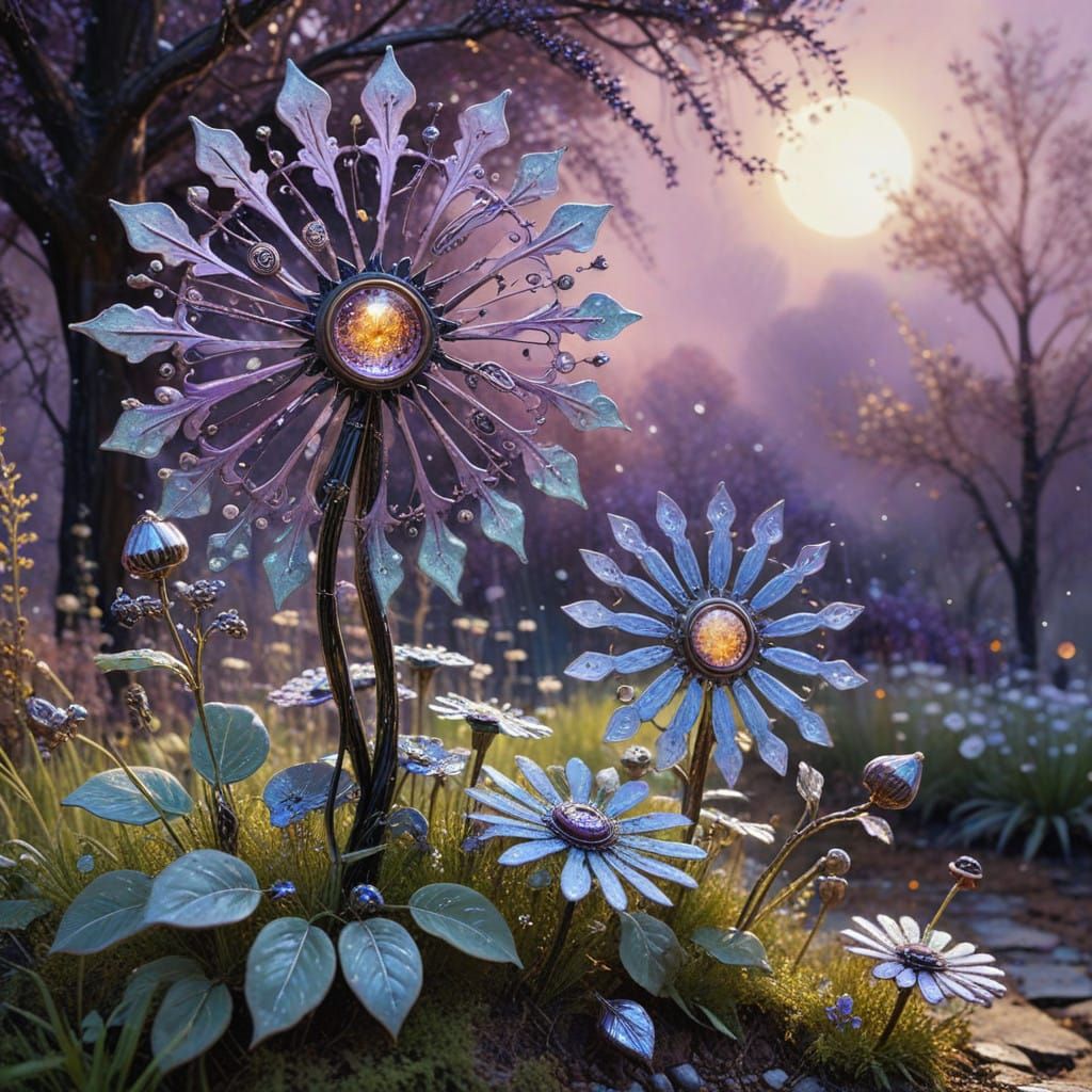 Whimsical Steampunk Garden Scene in Serene Snowfall
