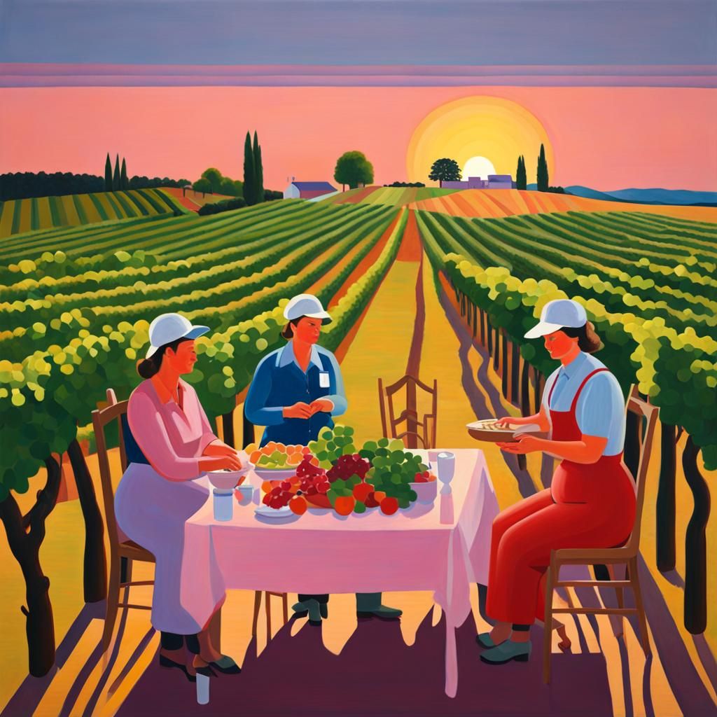 Vineyard Sunset: A David Hockney Style Painting
