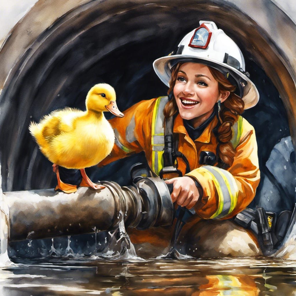 Firefighter Rescues Duckling: Watercolor Concept Art