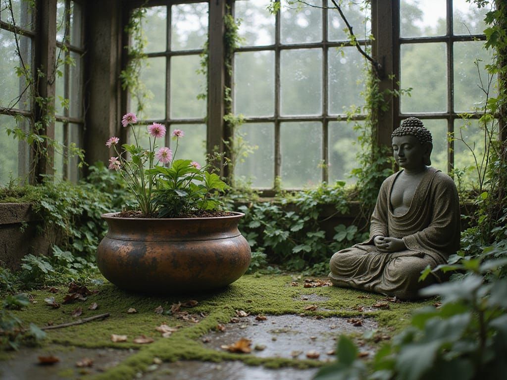 A weathered patinated copper planter is resting on the moss-covered floor of an overgrown greenhouse, surrounded by tang...