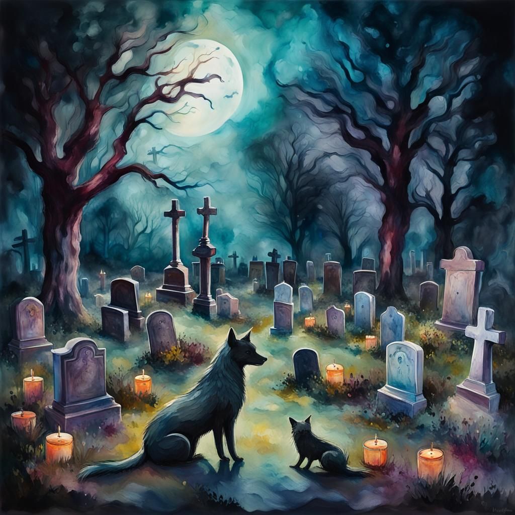 Mysterious Pet Cemetery with Ghostly Figures in Gouache Styl...