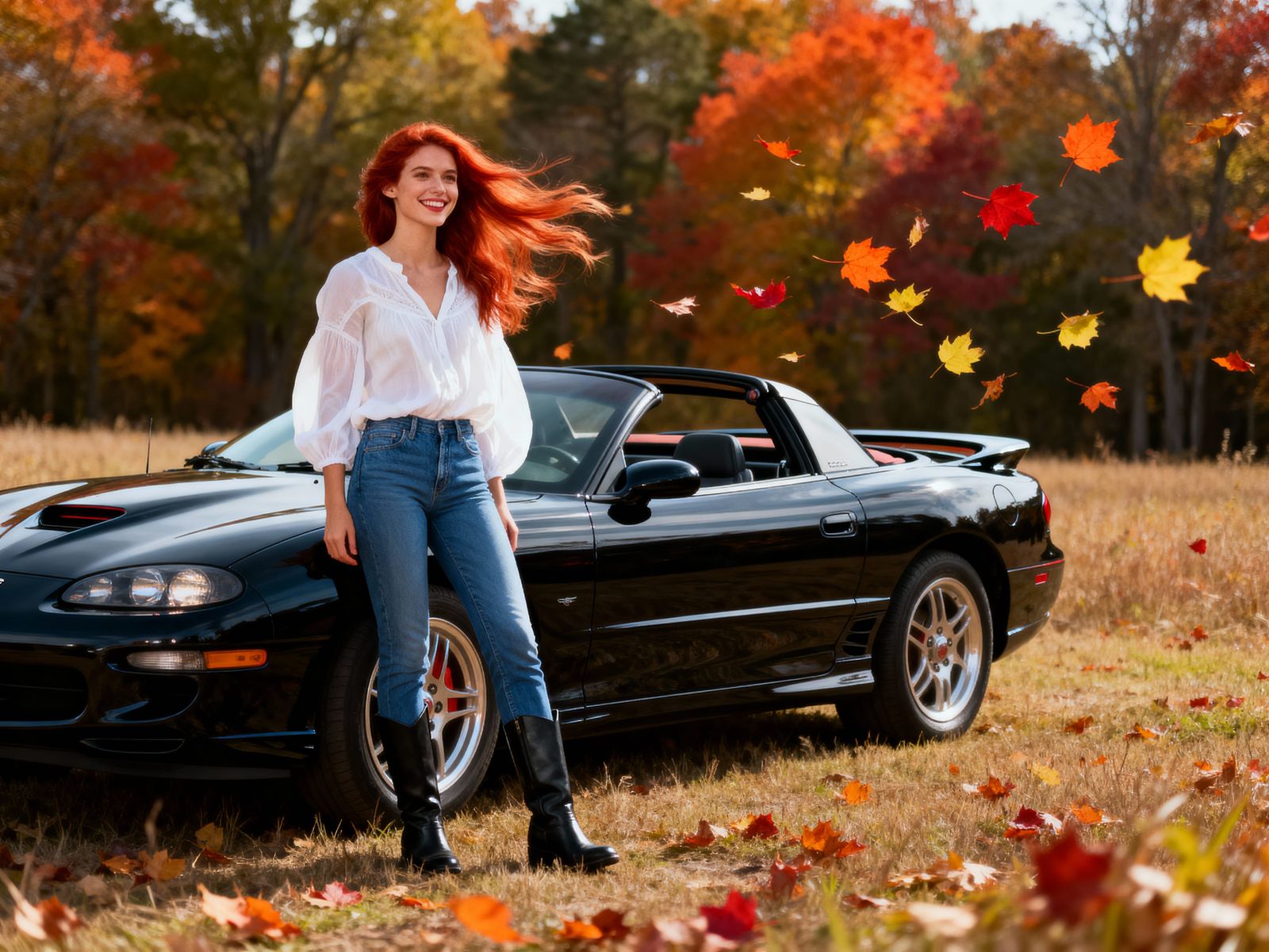 Woman Poses With Classic Firebird Amidst Autumn Foliage