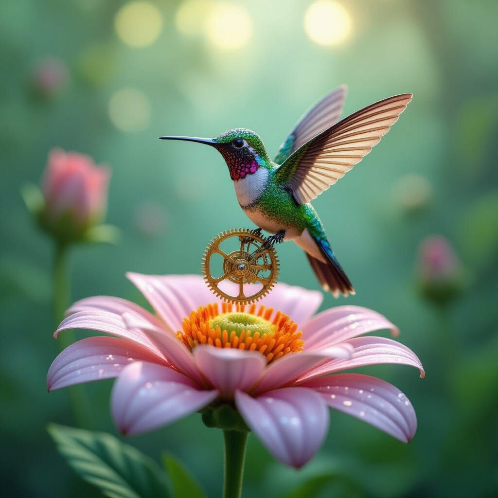 Clockwork Hummingbird in Fantasy Garden, Art Nouveau