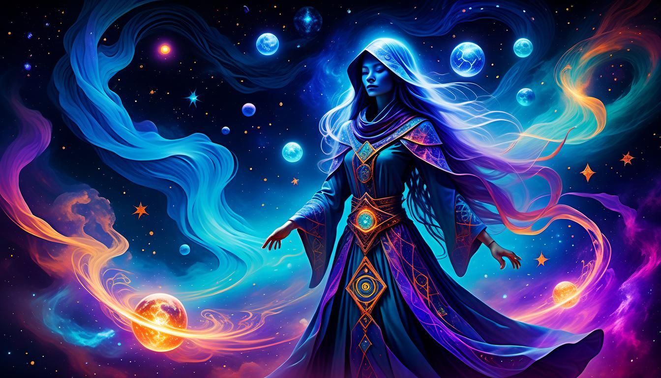 Nebula Wizard Casting Spell with Glowing Runes