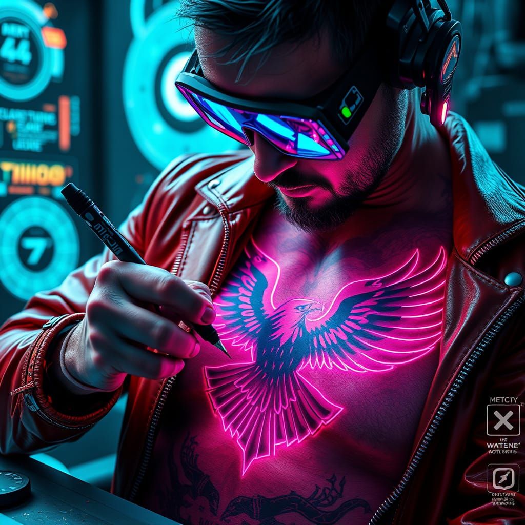Cyberpunk Tattoo Artist Inks Glowing Eagle Design