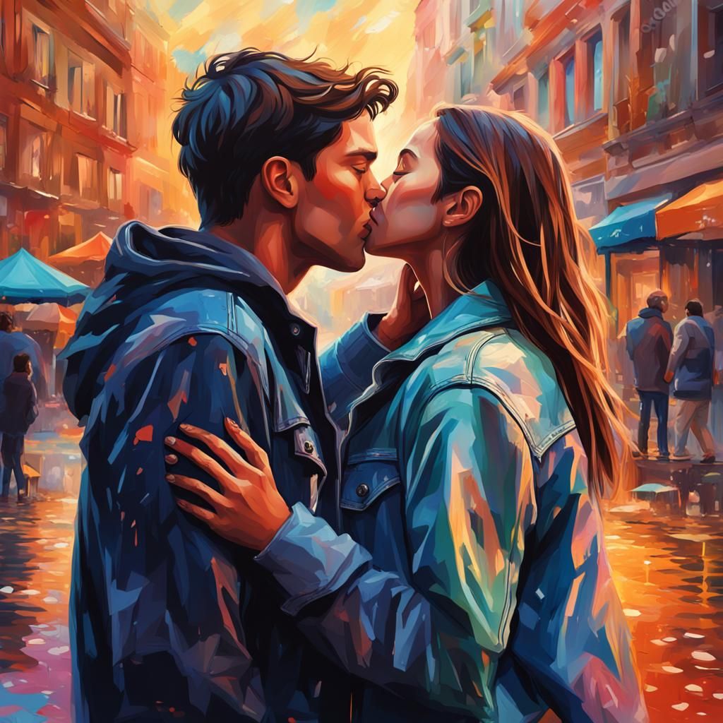 Hyperrealistic Young Couple Kissing in Public