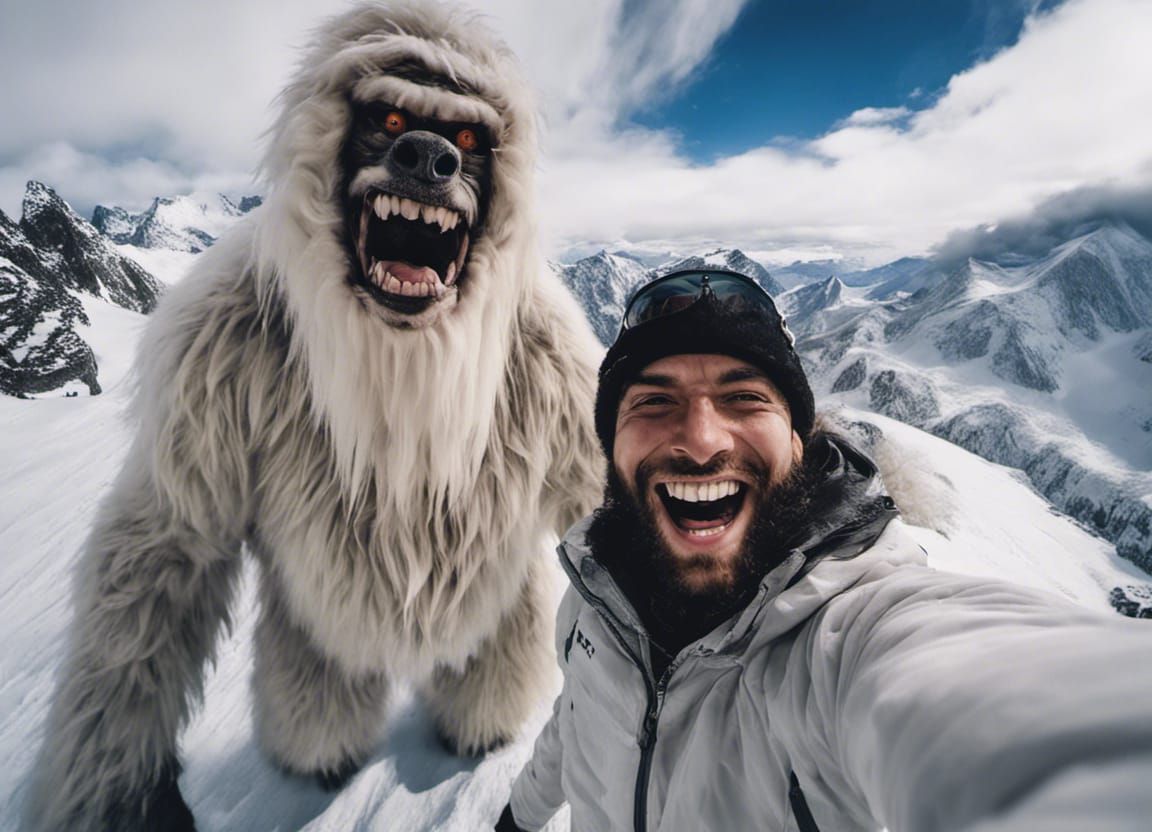 Man and Yeti Take a Laughing Selfie in Mountains