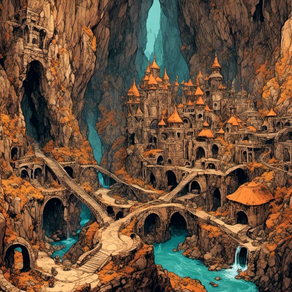 Underground Dwarven Cityscape in Ink and Acrylic Style