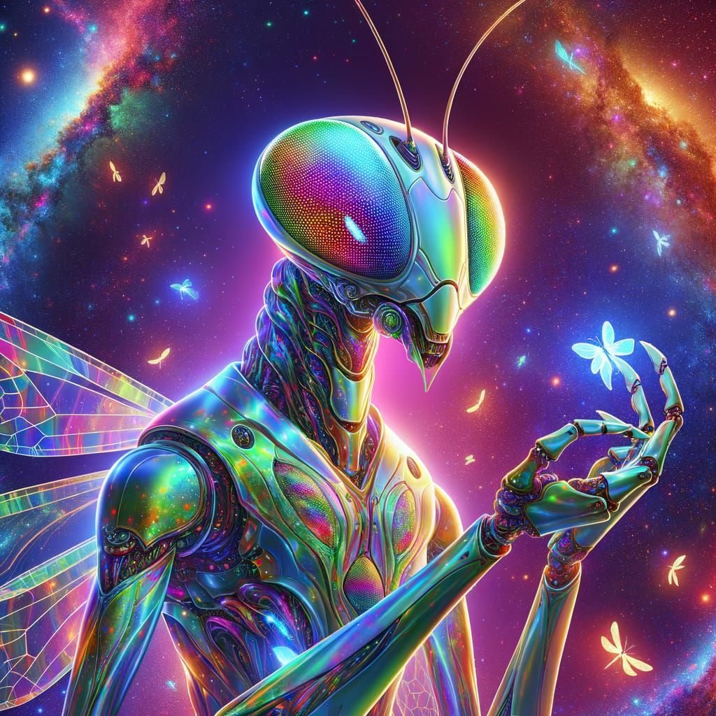 Cosmic Mantis Alien in Neon Futuristic Attire