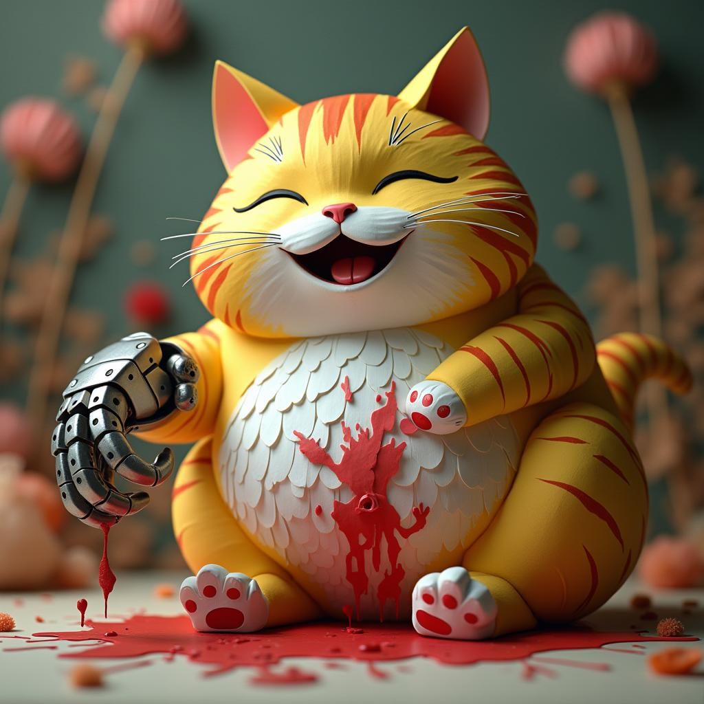 Surreal Cat Scratches Belly in Eerie Anime Style