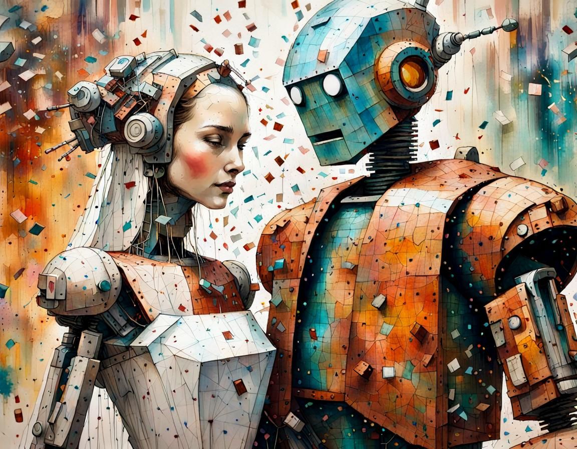 Robot Wedding in Mixed Media Cubist Surrealism