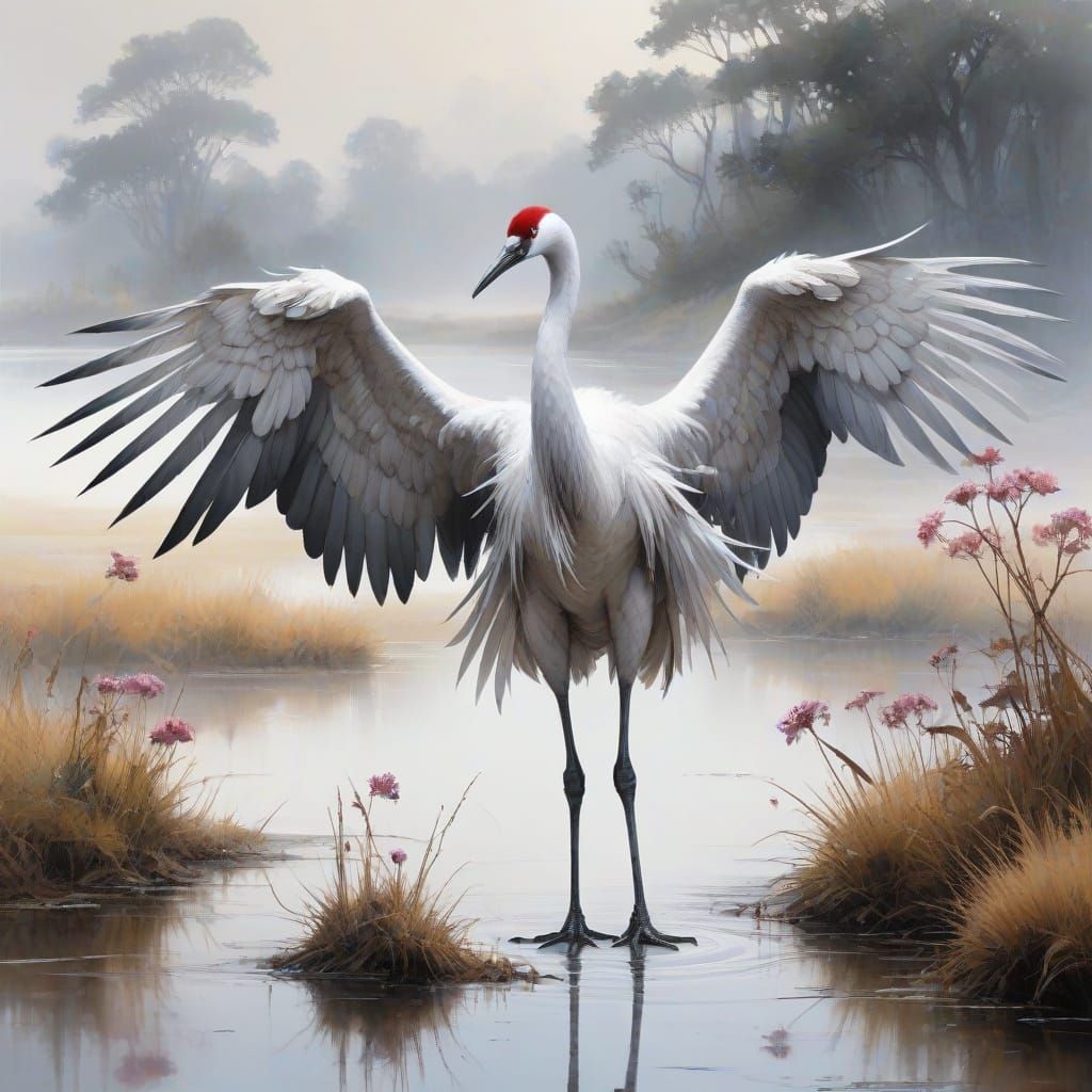 Whimsical Fantasy Landscape with Elegant Crane