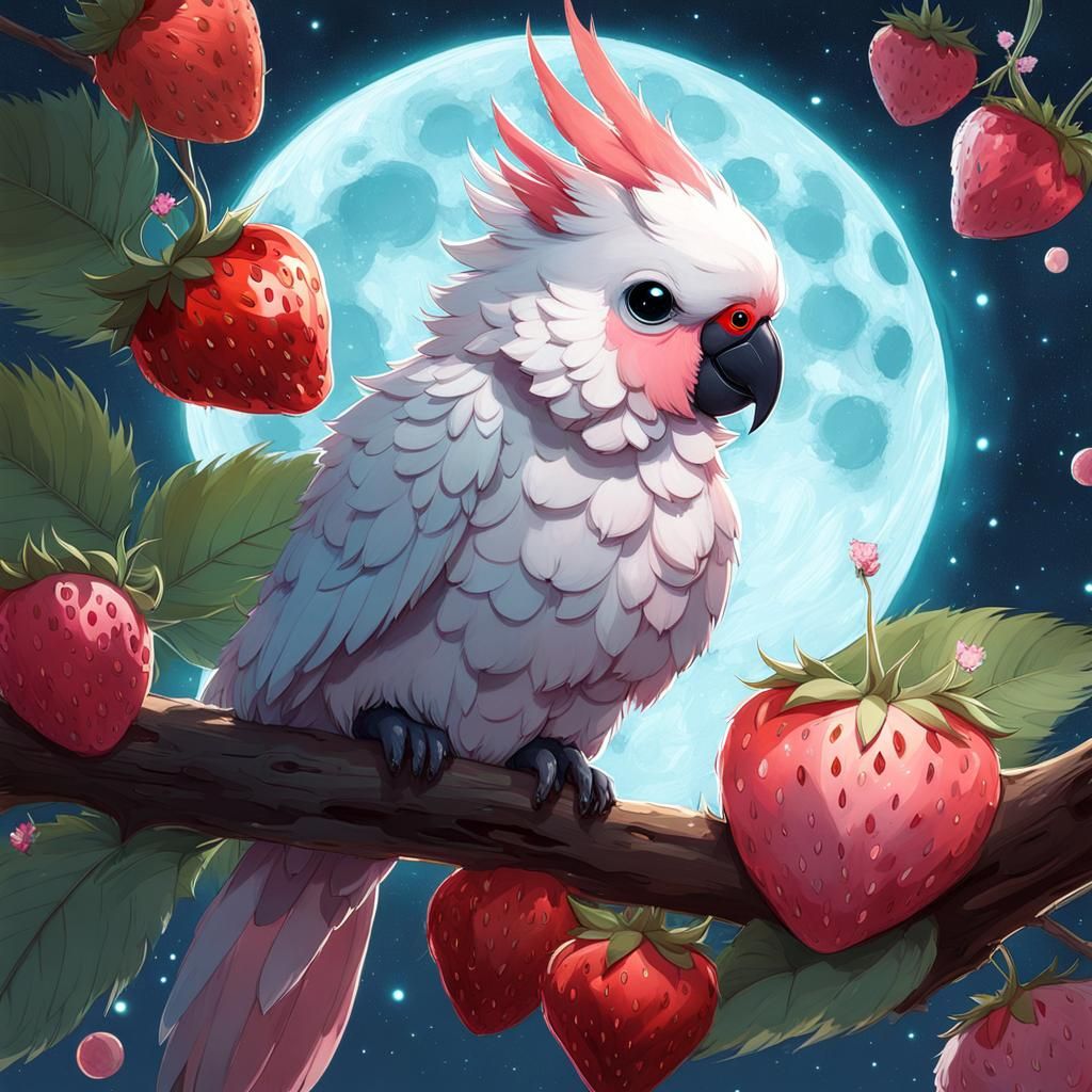 Chibi Cockatoo Constellation on Bioluminescent Flowers