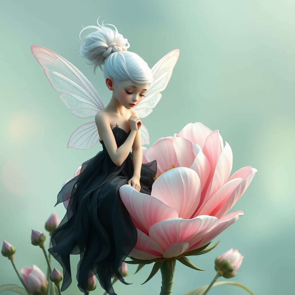 Fantasy Fairy on Blooming Flower in Dreamy Pastel Landscape