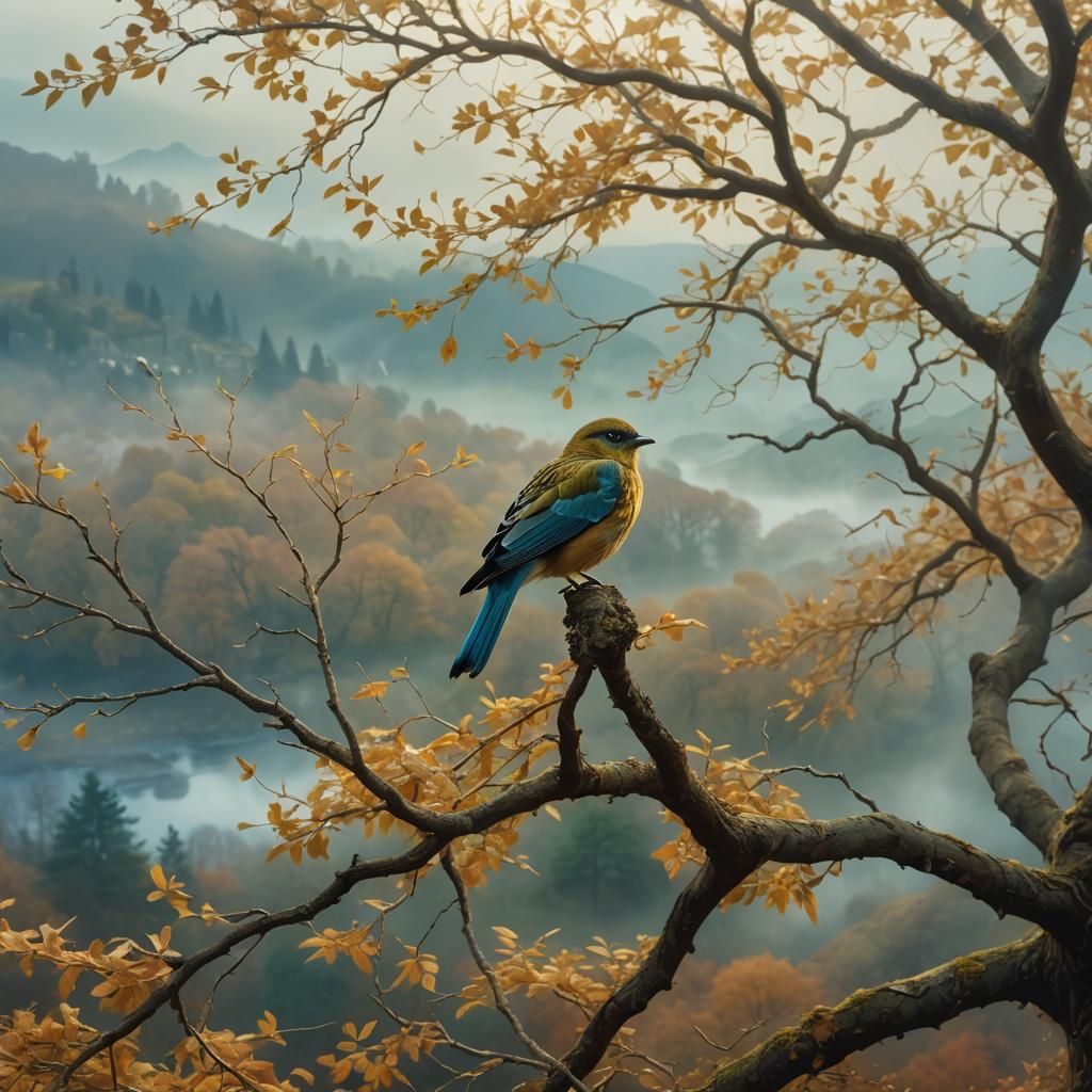Autumn Tree Bird in Detailed Fantasy Landscape